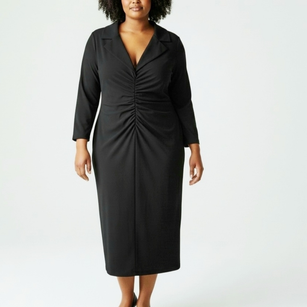 London Times Black Ruched 3/4 Sleeve Crepe Midi Dress Old Money Style Size US 14